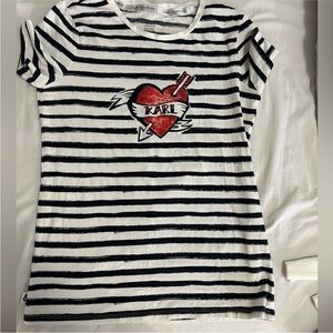 Karl Lagerfeld Black and White Striped Tee with Red Heart